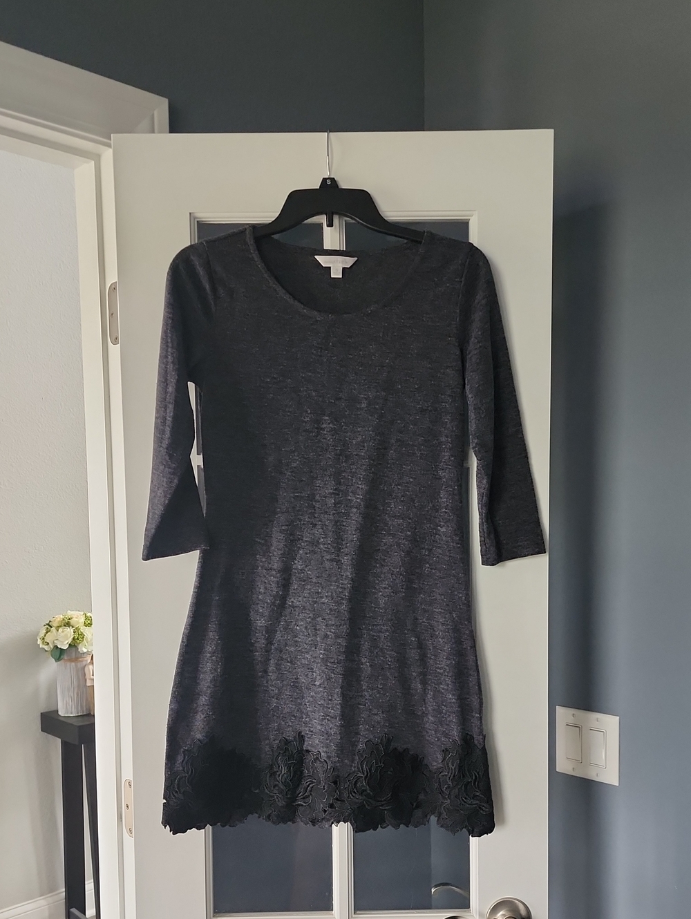 Women’s Charcoal Gray Knit Dress with Lace Hem